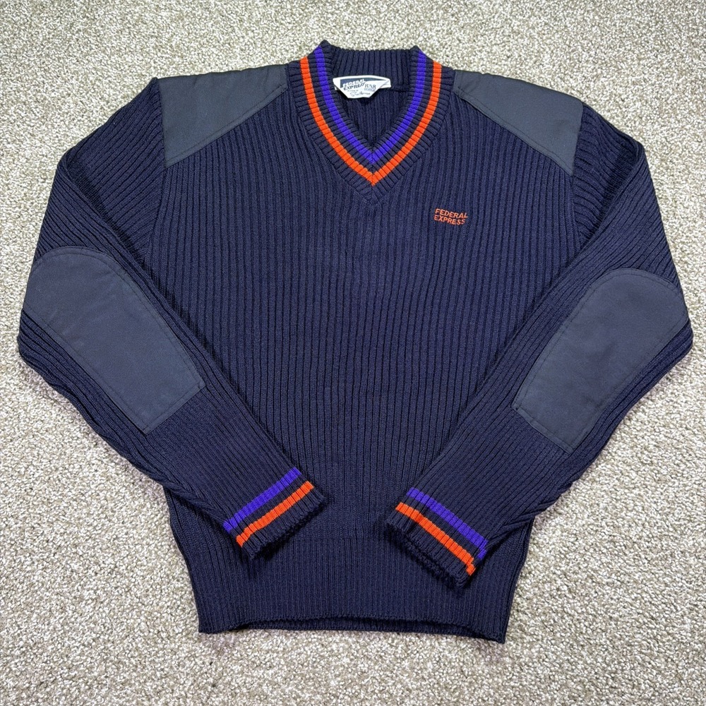 Vintage Federal Express Stan Herman V-Neck Sweater Navy Blue R&R Uniform M
